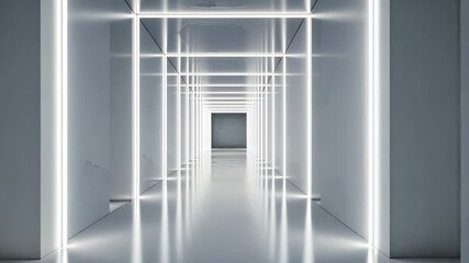 Poster - Futuristic corridor illuminated by bright white neon lights creating a surreal ambiance, Futuristic corridor with bright white neon lights in 3D