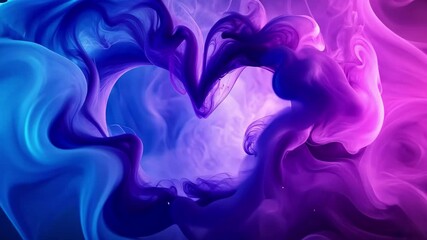 Poster - Swirling purple and blue ink creating a heart shape in water during a creative experiment, Swirling purple and blue ink in water forming a heart shape