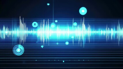 Poster - Vibrant blue audio waveform against a techno-inspired background in a digital landscape, blue audio waveform techno able background