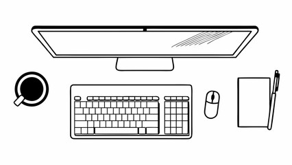 Fototapete - A top view of a desk setup with a monitor keyboard mouse coffee and notepad in black and white line art created with generated ai