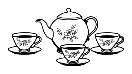 Aufkleber - Black and white line art of a teapot and three teacups with rose decorations on a white background created with generated ai
