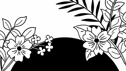 Aufkleber - Black and white floral design with flowers leaves and a curved black shape in the center area created with generated ai