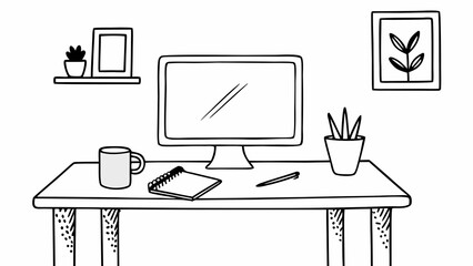 Fototapete - A simple line drawing of a desk with a computer, mug, and plants in a minimalist style created with generated ai