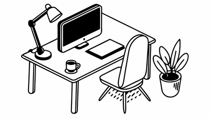 Fototapete - Isometric illustration of a desk with computer lamp chair and potted plant in black and white created with generated ai