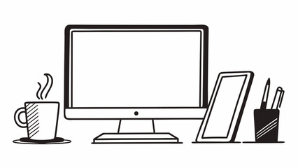 Fototapete - Illustration of a desk with a computer monitor tablet coffee and pens in black and white style created with generated ai