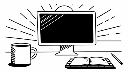 Fototapete - A desk with a computer monitor, a coffee mug, an open book, and a pencil in black and white line art created with generated ai