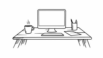 Fototapete - Illustration of a desk with a computer monitor coffee cup and office supplies in black and white created with generated ai