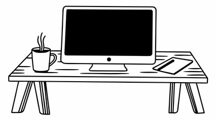 Fototapete - A desk with a computer monitor, a cup of coffee, and a card, all in a black and white line drawing created with generated ai