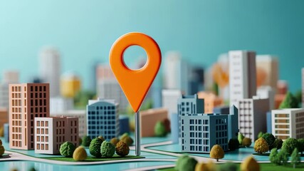 Poster - Colorful minimalistic cartoon cityscape with a prominent map pin indicator for location awareness, Minimal cartoon style buildings and map pin 3D render