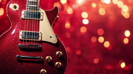 Poster - Red electric guitar shines brightly against a sparkling red backdrop, perfect for music lovers and performers, Red electric guitar on sparkling red background
