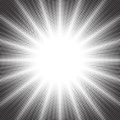 Aufkleber - Halftone gradient sun rays pattern. Abstract halftone vector dots background. monochrome dots pattern. Vector background in comic book style with sunburst rays and halftone. Retro pop art design.