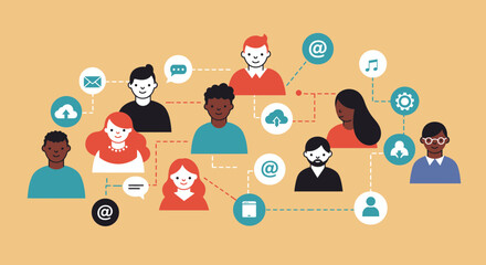 Fototapete - Concept of social network and communication with connected people through digital devices