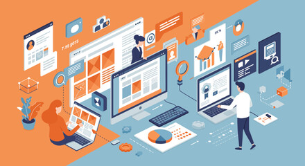 Fototapete - Isometric illustration depicting data analysis and information management concept
