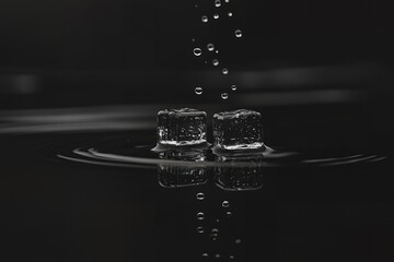 Poster - Two Ice Cubes Floating in Dark Water with Droplets Falling Abstract Still Life