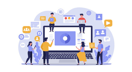 Fototapete - Team collaboration illustration for online marketing and social media engagement strategy