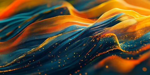 Poster - Abstract Waves of Teal Orange and Gold Digital Fabric Texture Background