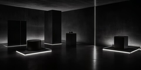 Poster - Dark Minimalist Interior Design Modern Gallery Space with Black Geometric Forms and LED Lighting