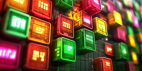 Poster - Colorful Neon Cubes Abstract Technology Background Digital Interface Design
