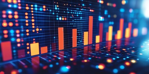 Poster - Abstract Digital Data Visualization Growing Bar Charts and Illuminated Nodes