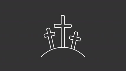 Poster - Animated calvary white line icon. Three crosses at Golgotha mountain animation. Crucifixion of Jesus Christ story. Bible narrative. Isolated element on dark background. Alpha transparent video