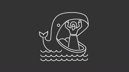 Poster - Animated Jonah and whale white line icon. Miraculous return from jaws of huge fish animation. Traditional bible narrative. Christianity. Isolated element on dark background. Alpha transparent video