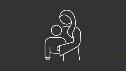Poster - Animated mother hugging teenage child white line icon. Virgin Mary with little Jesus animation. Childhood of survivor. Bible narrative. Isolated element on dark background. Alpha transparent video