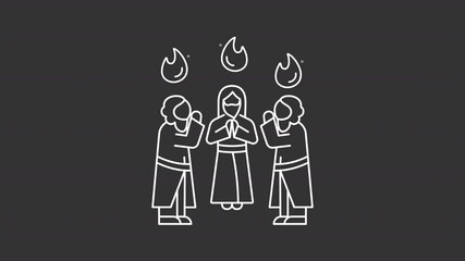 Poster - Pentecost white line animation. Apostles with holy tongues of fire animated icon. Men standing in circle and praying. Bible narrative. Isolated element on dark background. Alpha transparent video