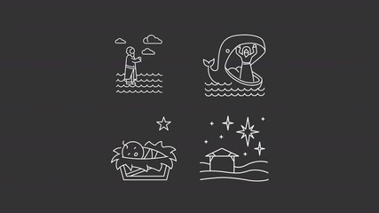Poster - Animated christian legends white line icons. Stories about Jesus miracles animation set. Religious tales and symbols. Old narratives. Isolated elements on dark background. Alpha channel HD video