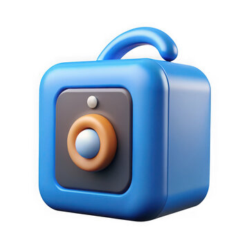 Stylized 3d illustration of a blue portable speaker with a handle and orange speaker grill isolated on transparent background
