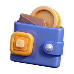Poster - Stylized 3d illustration of a blue wallet with gold coins and a dollar sign symbol isolated on transparent background
