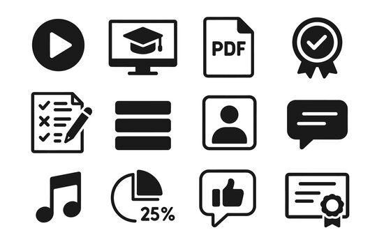 Education and communication icons: play button, pdf, certificate, and more