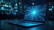 © AI - A futuristic laptop displaying a glowing digital network pattern on screen, representing innovation and technology advancement, AI Generated