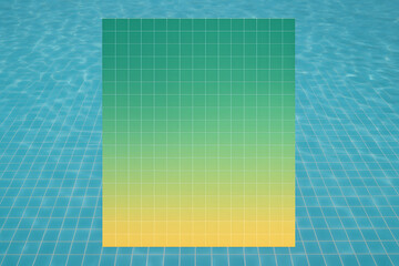 Poster - Gradient Canvas in the Blue Water: A vivid, two-tone gradient square floating on a tranquil, checkered blue water backdrop, representing a serene and refreshing artistic impression.