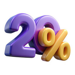 Poster - Glossy 3d render of the number twenty and percent symbol in purple and yellow isolated on transparent background