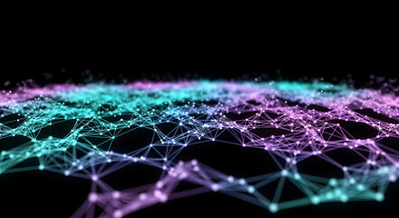 Poster - digital network abstract: a luminous, interconnected web of glowing dots and lines floats against a 