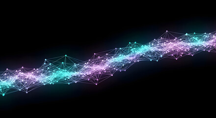 Poster - Abstract Data Stream: A mesmerizing visual representation of data flow, depicted as a vibrant, swirling stream of interconnected nodes and lines in teal and pink hues against a stark black backdrop.