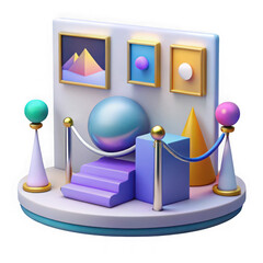 Aufkleber - Abstract 3d render of a modern art gallery exhibition with geometric shapes and sculptures on a podium isolated on transparent background