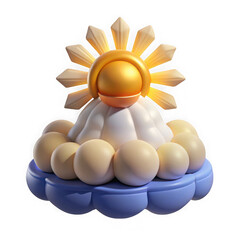 Poster - Stylized 3d rendering of the philippine sun symbol with a golden sphere and rays atop white clouds and blue cloud base isolated on transparent background
