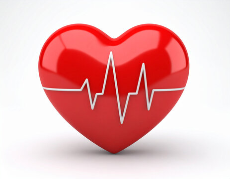 A minimalist 3D rendering of a glossy red heart with a white EKG line across its center, set against a clean white background. Ideal for medical or health themes.