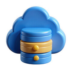 Poster - Stylized 3d rendering of a blue cloud icon with a stack of blue and yellow database cylinders in front isolated on transparent background
