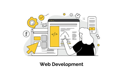 Female web developer reviewing website code on multiple screens in a modern office setting. Focused review of website design elements with diverse technical tools visible.