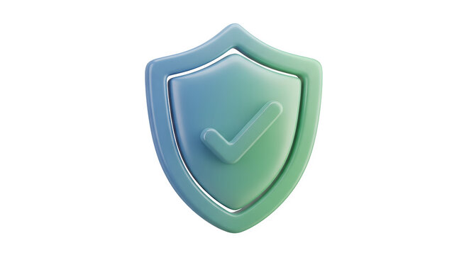 Shield with checkmark 3d rendered, isolated on transparent background