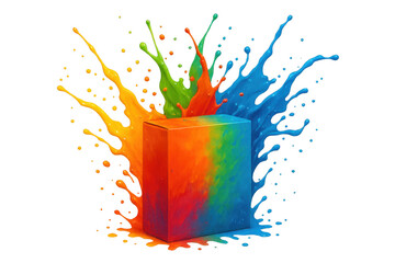 Leinwandbilder - Colorful box nestled among dynamic paint splashes, radiating artistic vibrancy on transparent backdrop with energetic visual impact