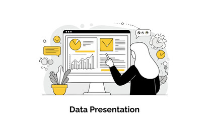 Poster - A woman in a business suit, pointing at data on a computer screen, presents data in a professional setting.