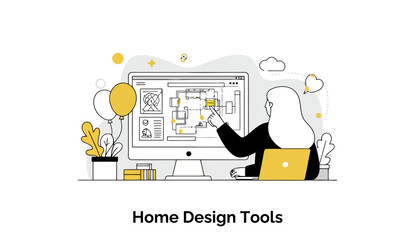 Poster - Female home designer reviewing home design plans on computer at home office. Focused female architect interacting with digital floor plans at home office desk.