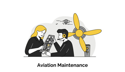 Poster - Female and male aviation technicians examining airplane parts in a hangar setting. They are collaboratively inspecting an aircraft component with a focused, professional demeanor.