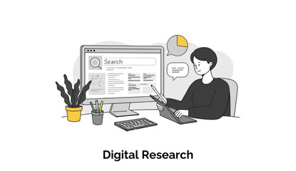 Poster - Young adult in casual clothing conducting digital research at a home office. A person with short black hair, wearing a dark grey shirt, and seated at a desk with a computer and a stylus.