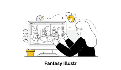 Poster - A female fantasy illustrator in casual attire edits a digital illustration on a computer screen. She's actively working at her workstation in a home office.