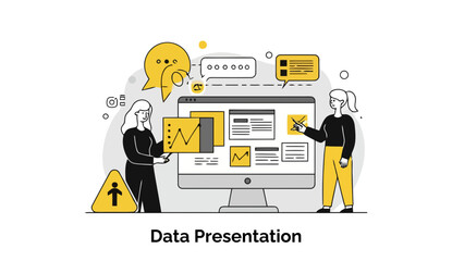 Poster - Two professional female colleagues stand confidently in a modern conference room, presenting compelling business data and analytics on a large digital screen to their team.