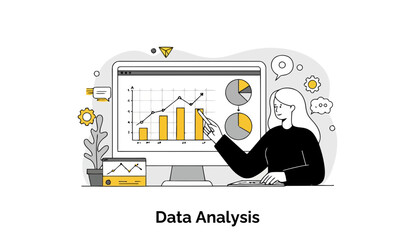 Poster - Young woman in a black long-sleeve shirt presenting data analysis on a computer screen with various charts and graphs.